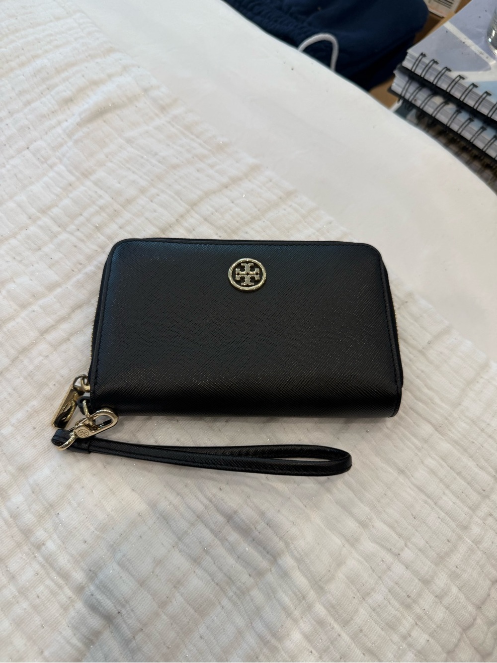 Tory Burch Black Saffiano Zip Wristlet with Gold Logo